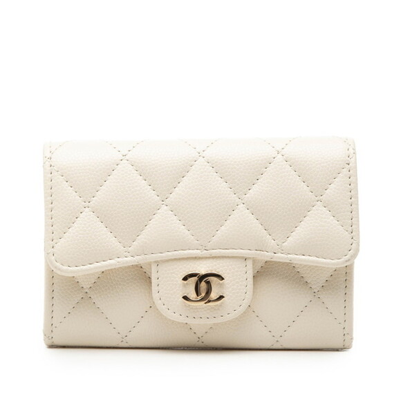 CHANEL Handbags - CHANEL White Caviar Leather Logo Wallet